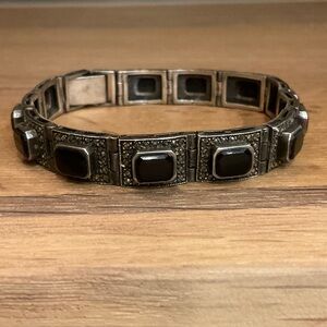 925 Vintage Sterling Silver Bracelet With Black Onyx Links and Marcasite